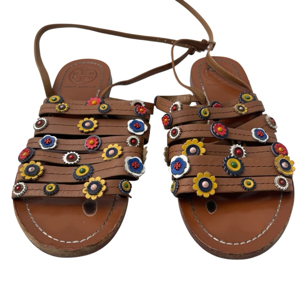 Tory Burch Brown Leather Floral Appliqué Strappy Sandals with Multicolor Flowers